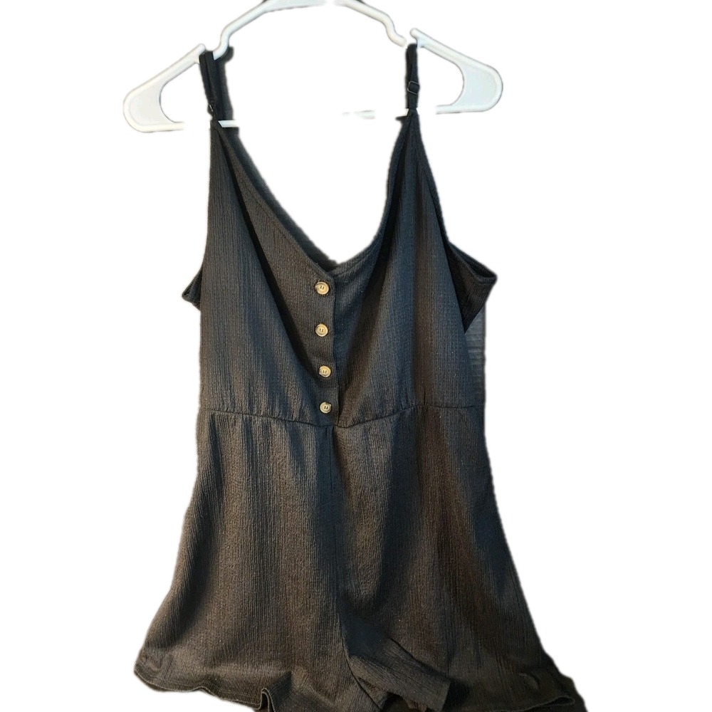 H&M Womens XXL Black Textured Crepe Romper V-Neck Button Front Sleeveless